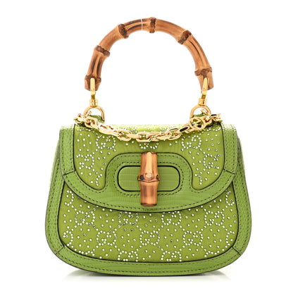 Gucci Moire Fabric Calfskin Rhinestone Monogram Monochrome Lizard Embossed Mini Bamboo 1947 Top Handle Chain Bag Green 1 of 10