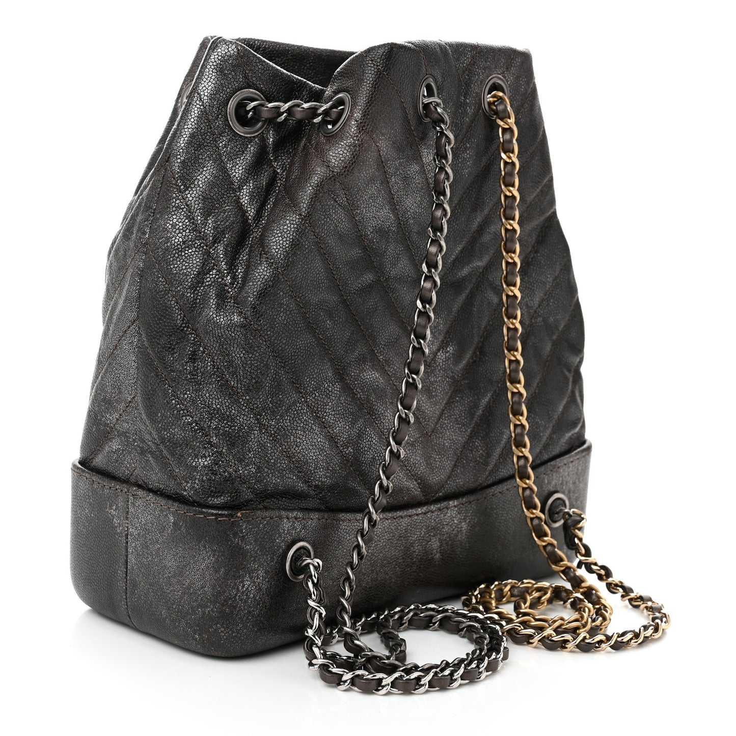 Metallic Grained Goatskin Chevron Quilted Gabrielle Backpack Dark Silver Gold