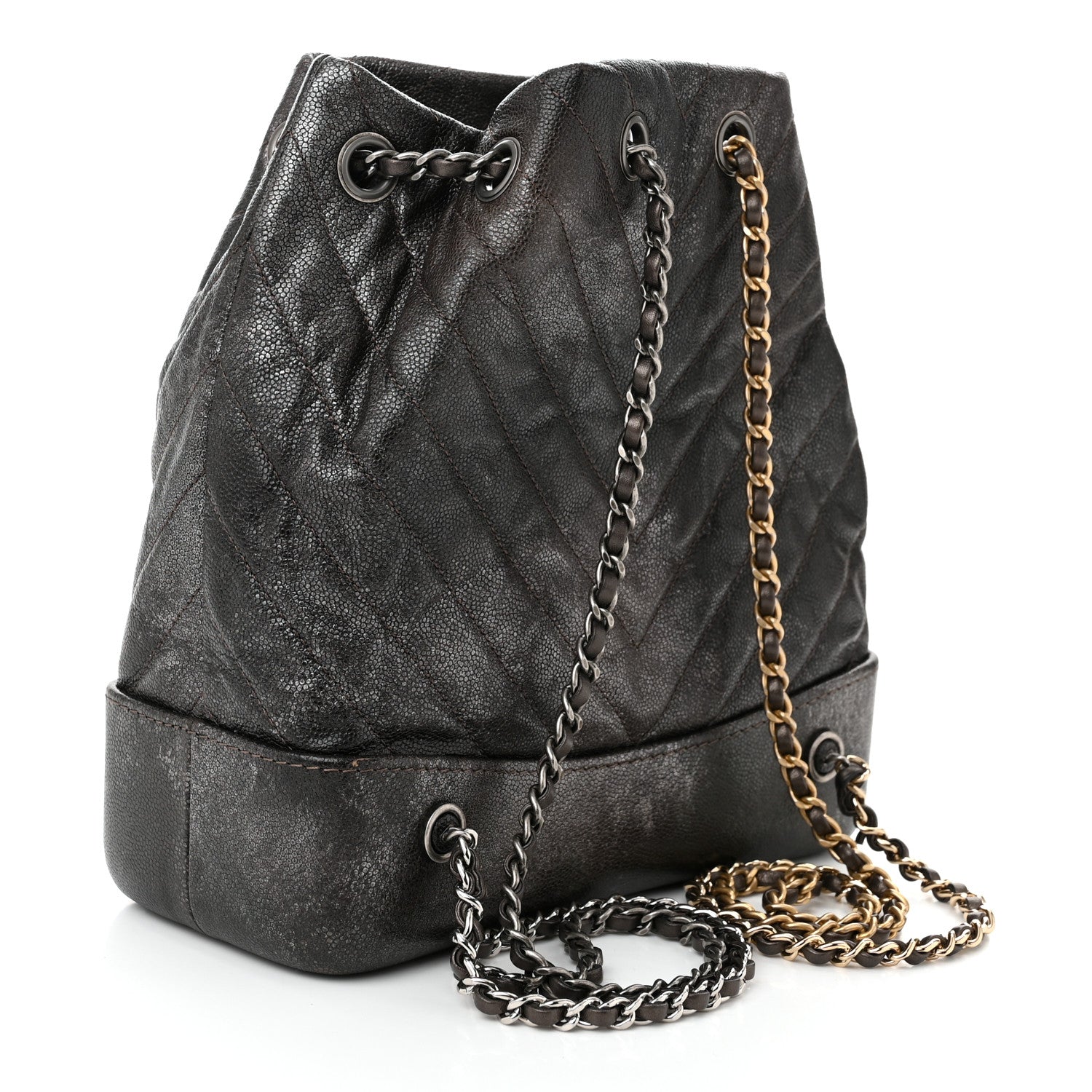 Chanel Metallic Grained Goatskin Chevron Quilted Gabrielle Backpack Dark Silver Gold 3 of 10