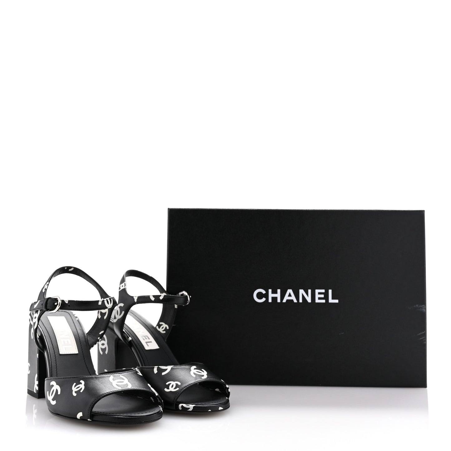 Printed Lambskin CC Sandals 36 Black White