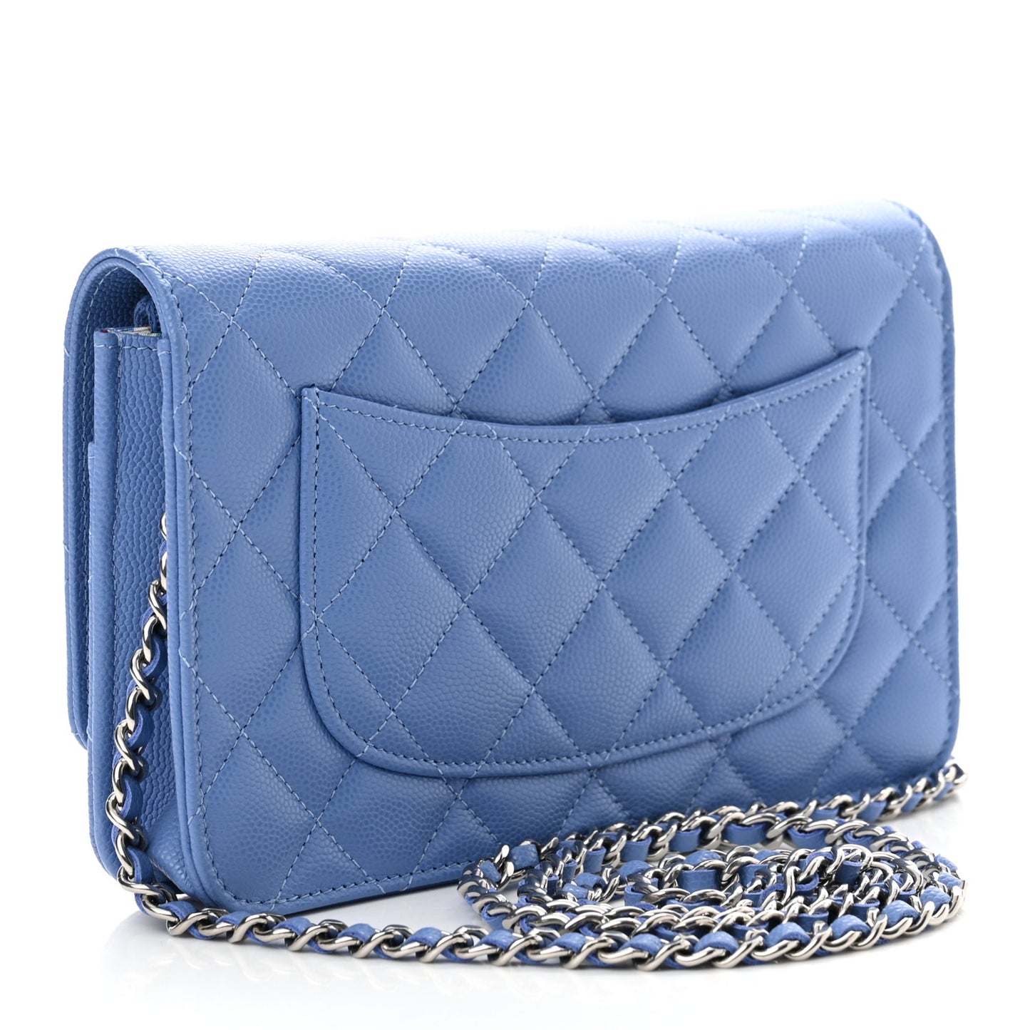 Caviar Quilted Ribbed Metal Wallet on Chain WOC Blue