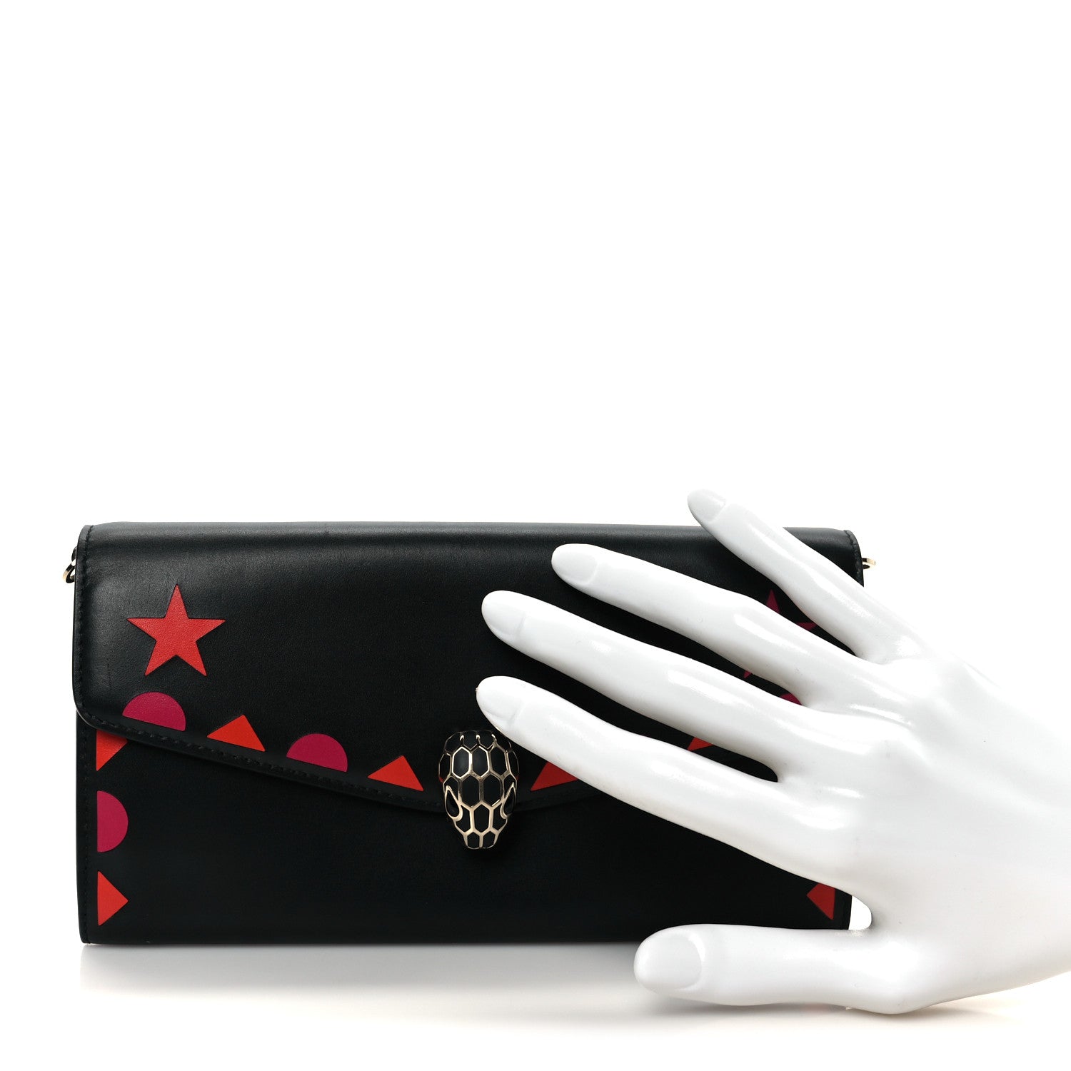 Bulgari Calfskin Serpenti Forever Star Chain Wallet Black Red 2 of 9