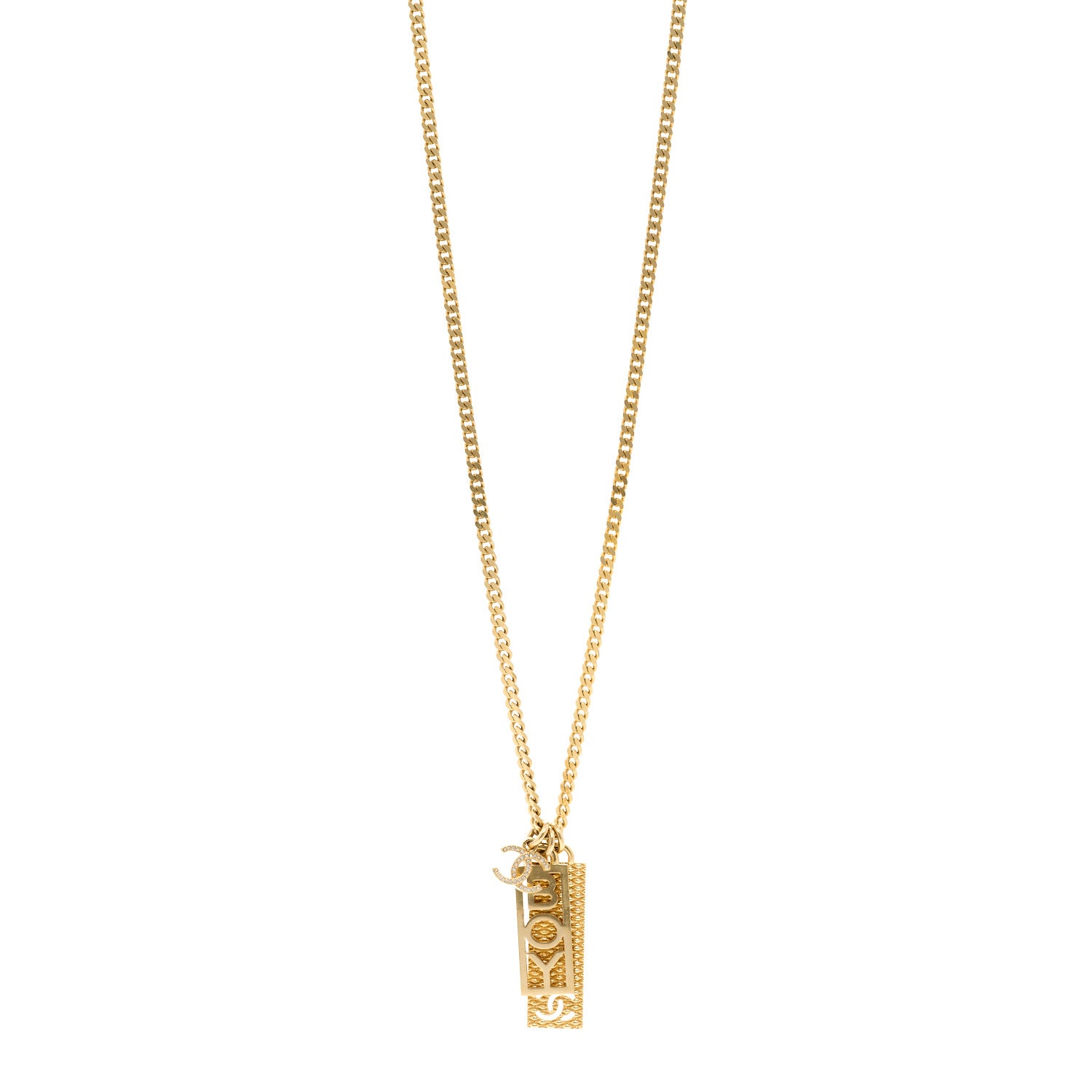 Chanel Metal Crystal CC Boy Pendant Long Necklace Gold 1 of 6