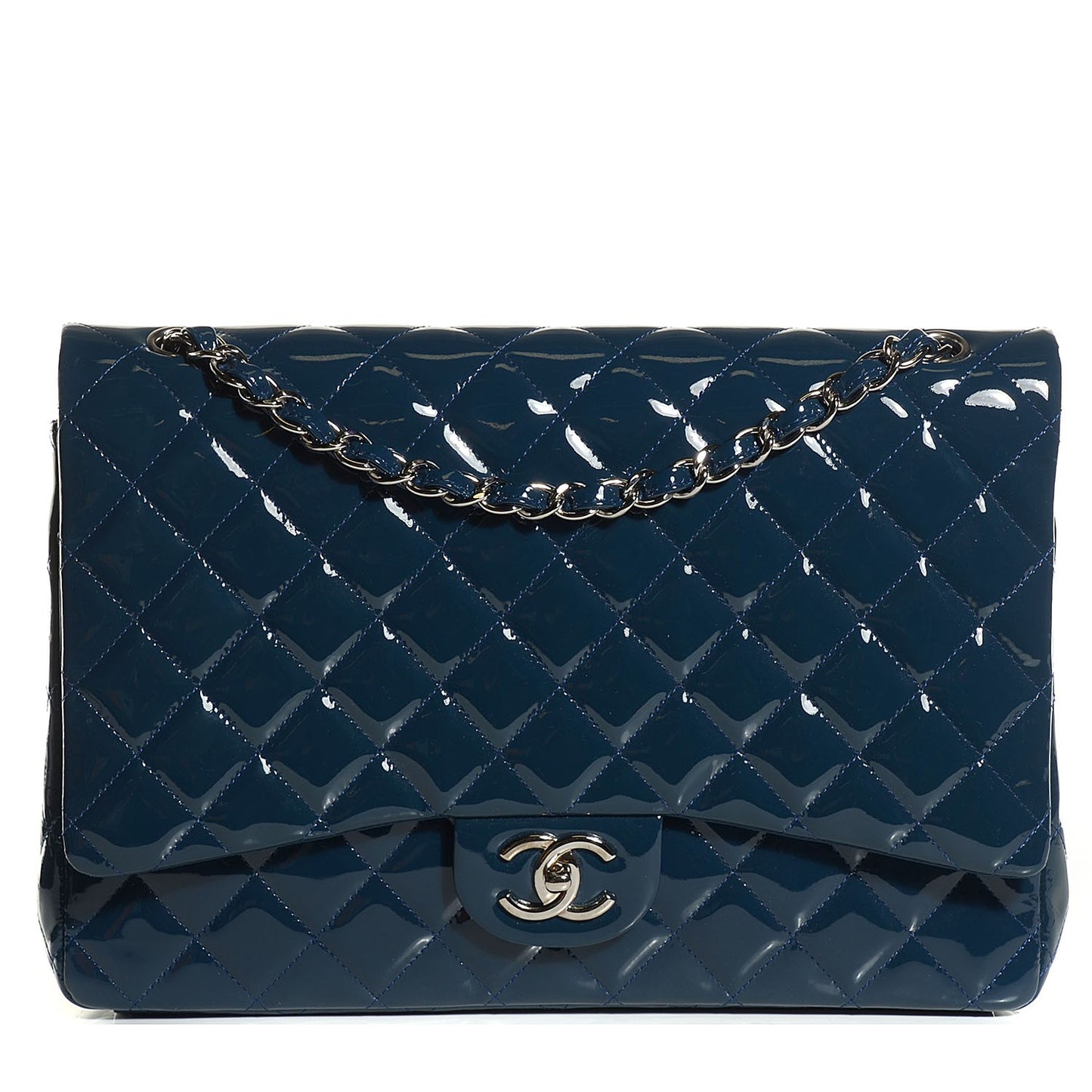 Patent Quilted Maxi Double Flap Navy Blue