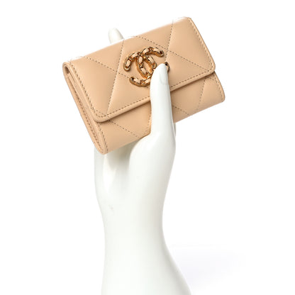 Chanel Shiny Goatskin Quilted Chanel 19 Flap Card Holder Beige 2 of 12