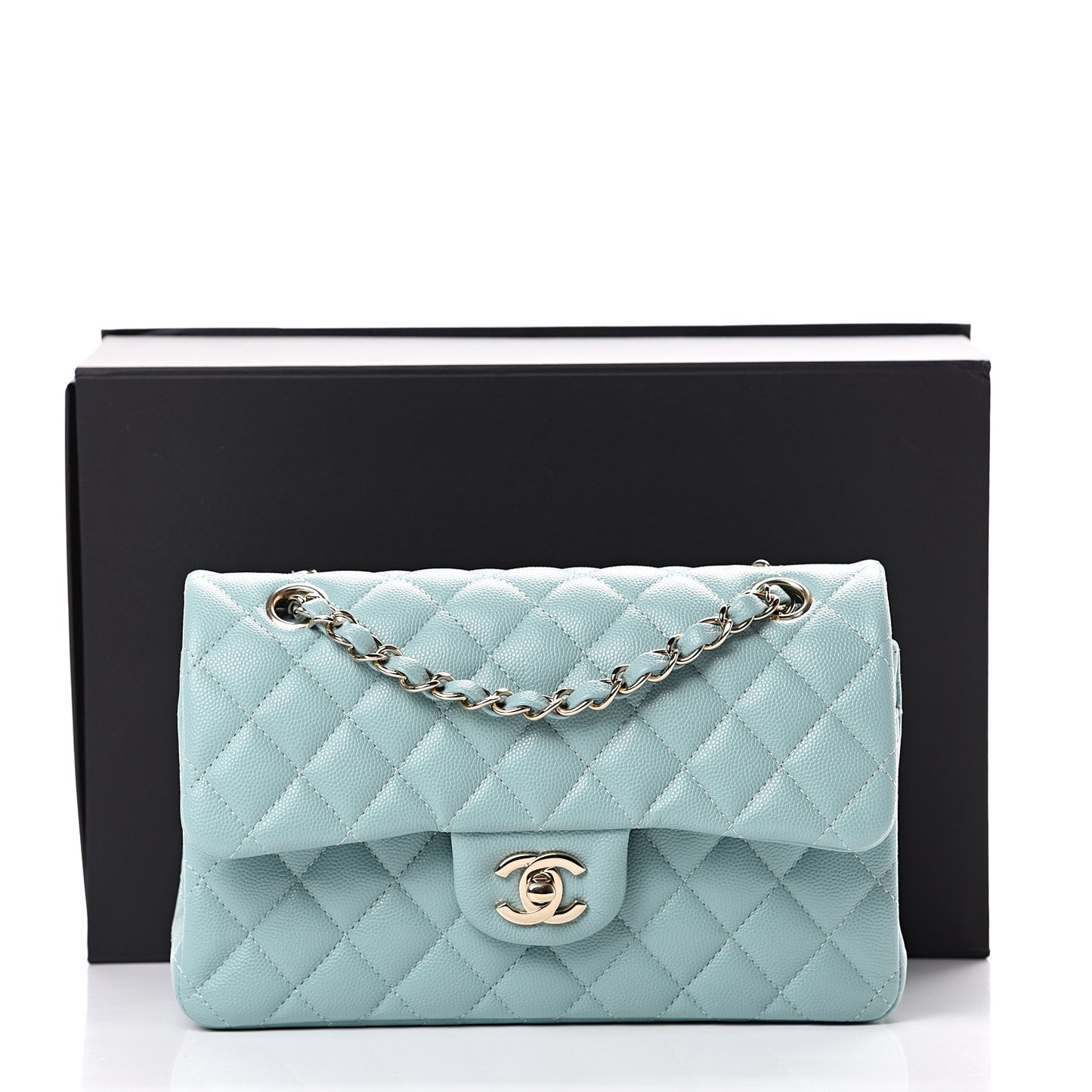 Caviar Quilted Small Double Flap Light Blue