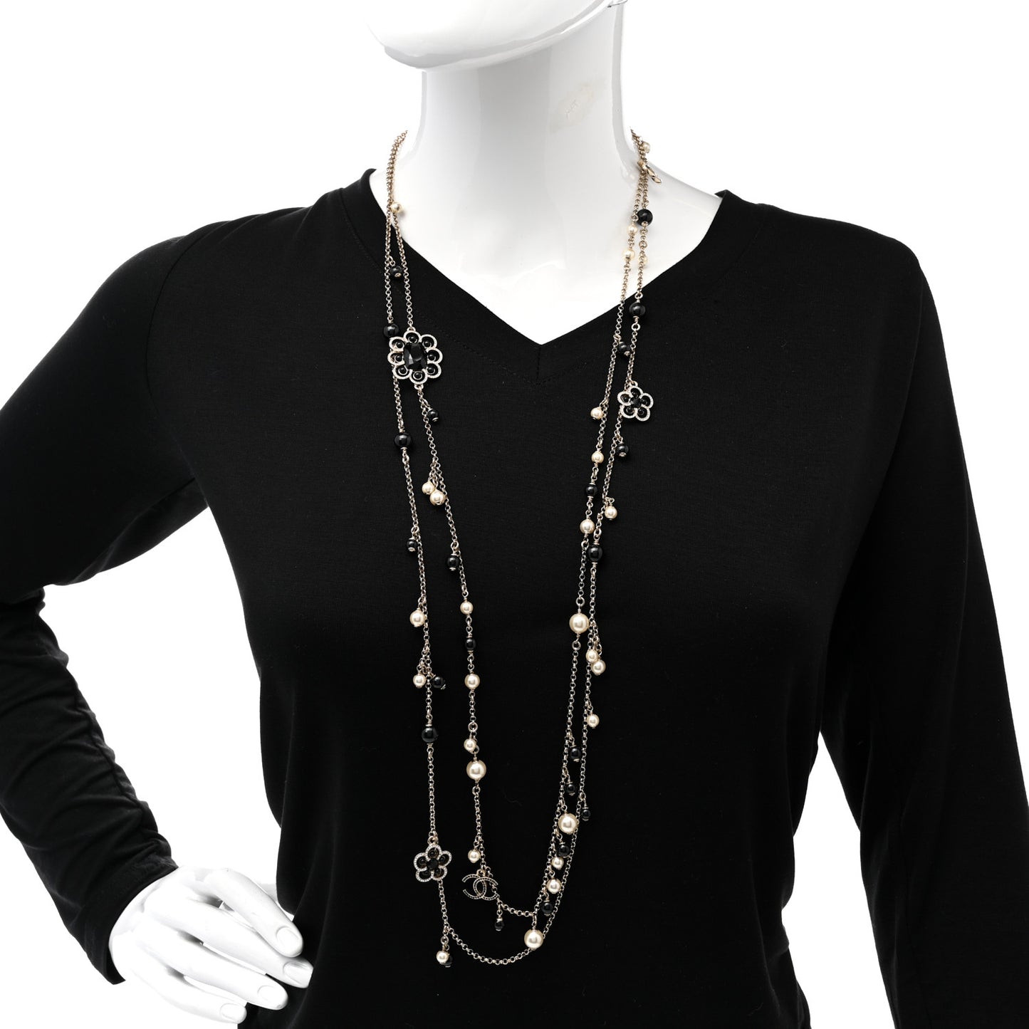 Pearl Crystal Flower CC Necklace Gold Black
