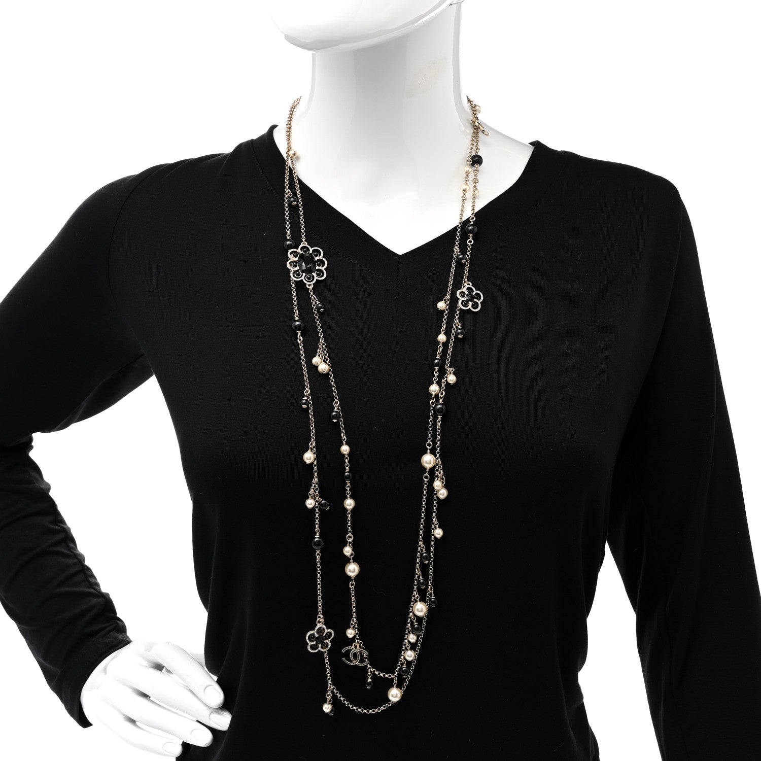 Chanel Pearl Crystal Flower CC Necklace Gold Black 2 of 7