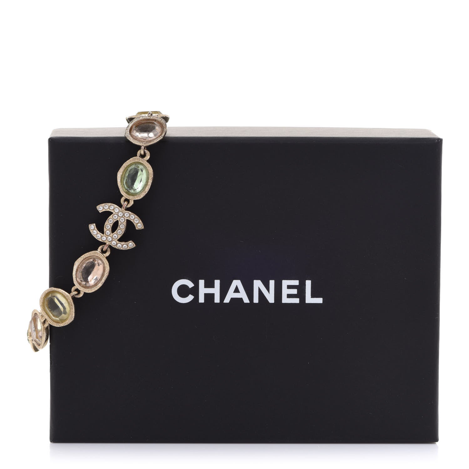 Chanel Metal Glass Crystal Strass Pearl CC Chain Bracelet Gold Multicolor Pearly White 5 of 5