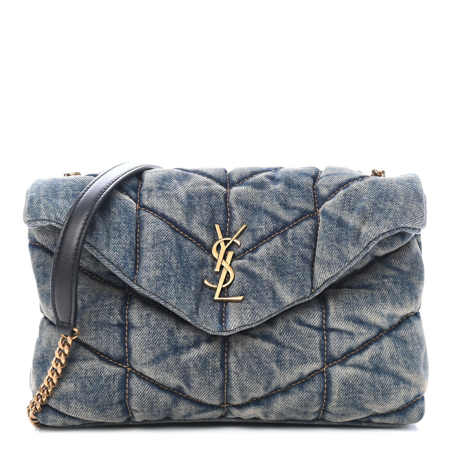 Saint Laurent Denim Quilted Toy Loulou Puffer Monogram Chain Satchel Blue Black 1 of 9