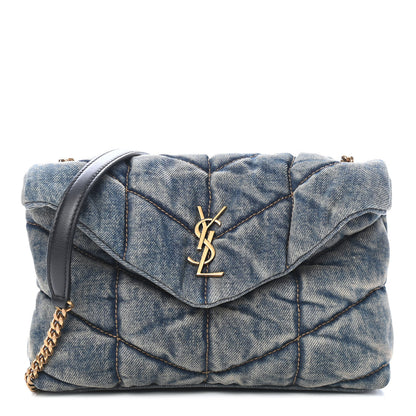 Saint Laurent Denim Quilted Toy Loulou Puffer Monogram Chain Satchel Blue Black 1 of 9