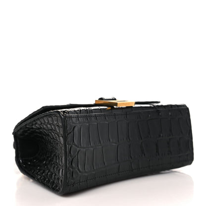 Balenciaga Shiny Calfskin Crocodile Embossed Hourglass Top Handle Bag XS Black 4 of 9