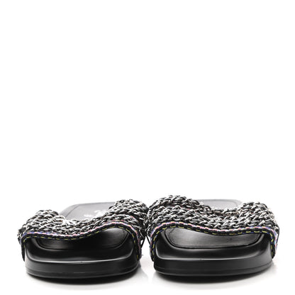 Chanel Tweed Lambskin Chain Flat Sandals 41 Black Multicolor 2 of 8