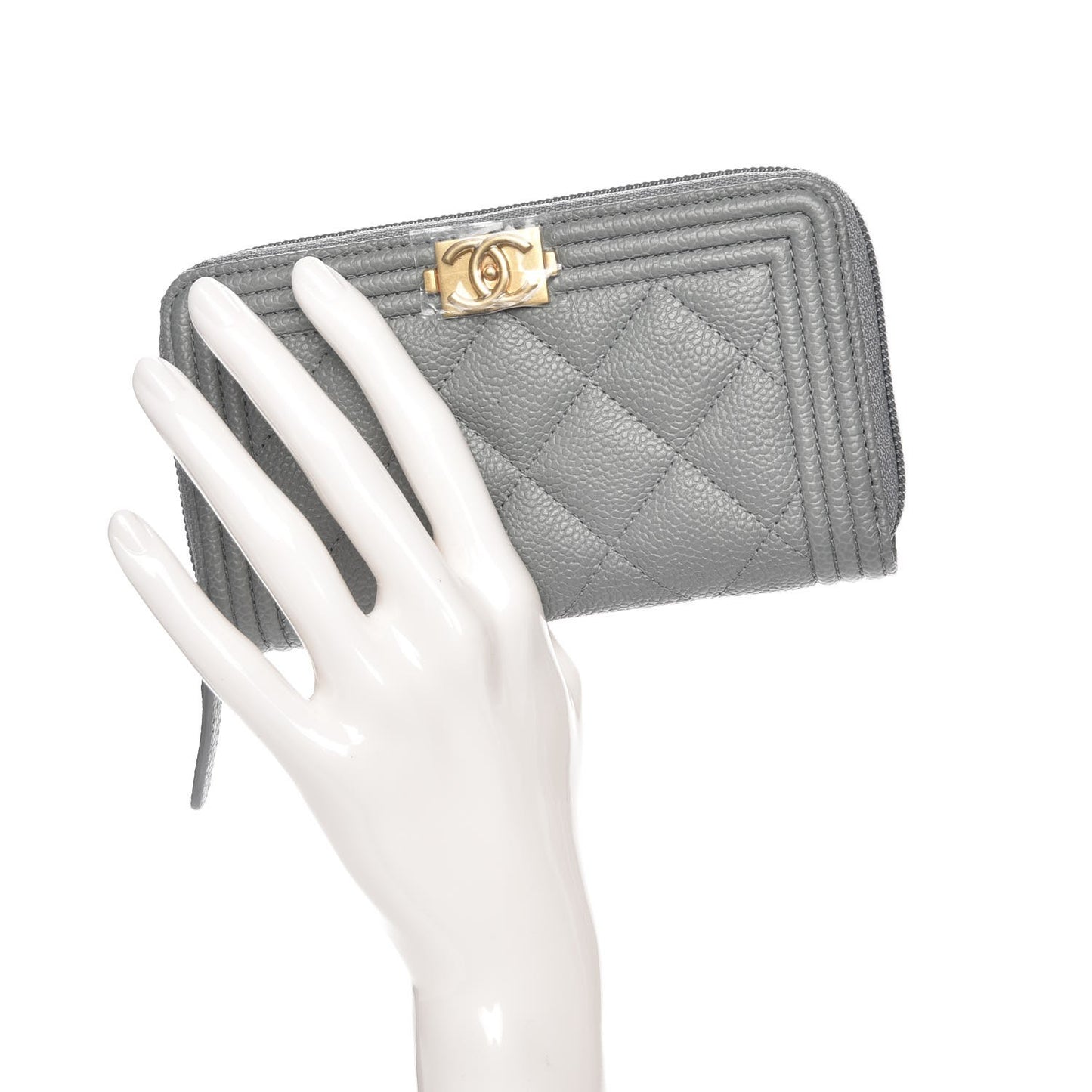 Caviar Quilted Boy Small Zip Around Wallet Grey