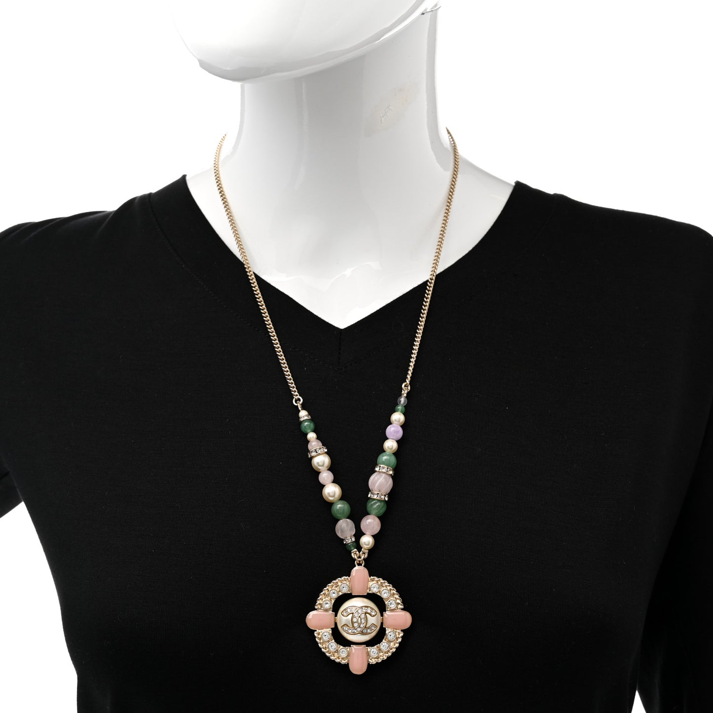 Crystal Resin Pearl Beaded CC Pendant Necklace Green White Pink
