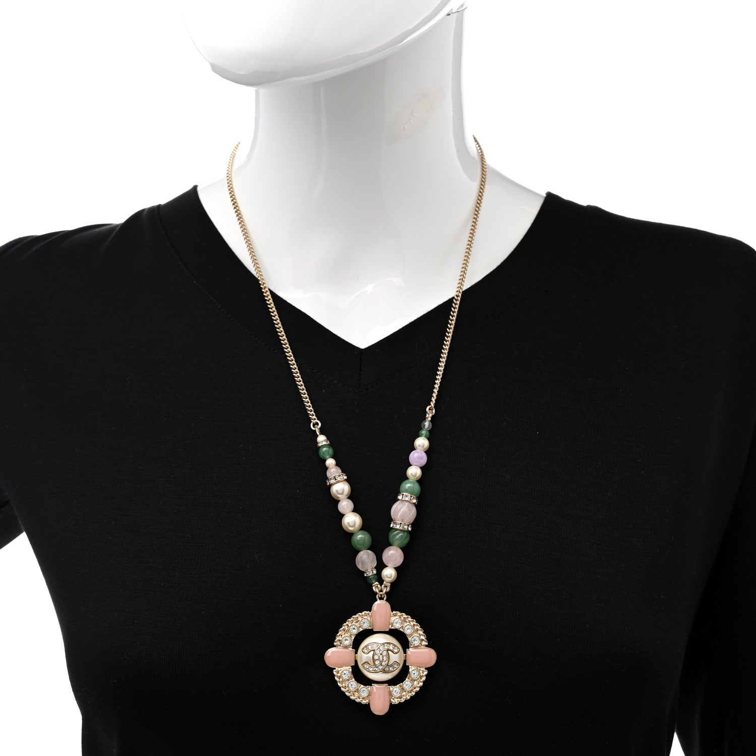 Chanel Crystal Resin Pearl Beaded CC Pendant Necklace Green White Pink 2 of 8