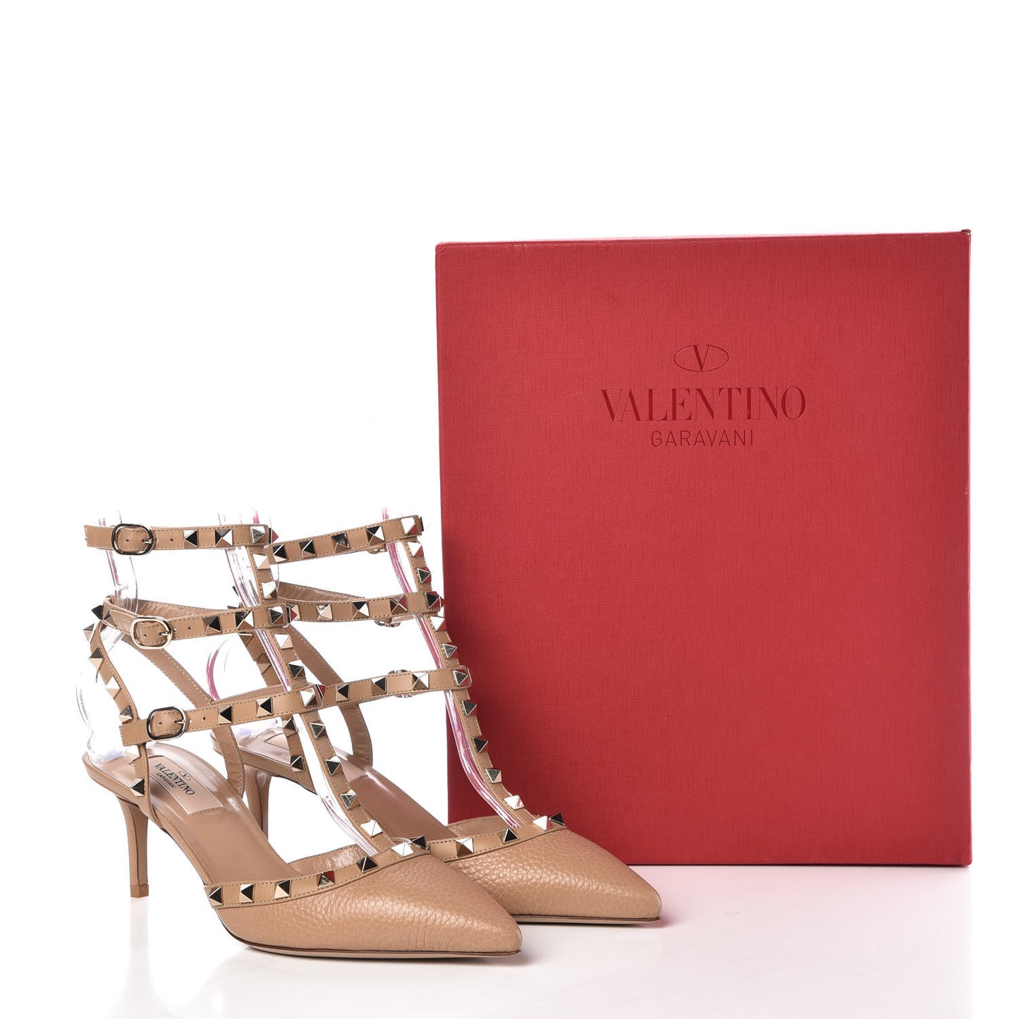 Pebbled Calfskin Rockstud Ankle Strap 65mm Pumps 38 Camel Rose