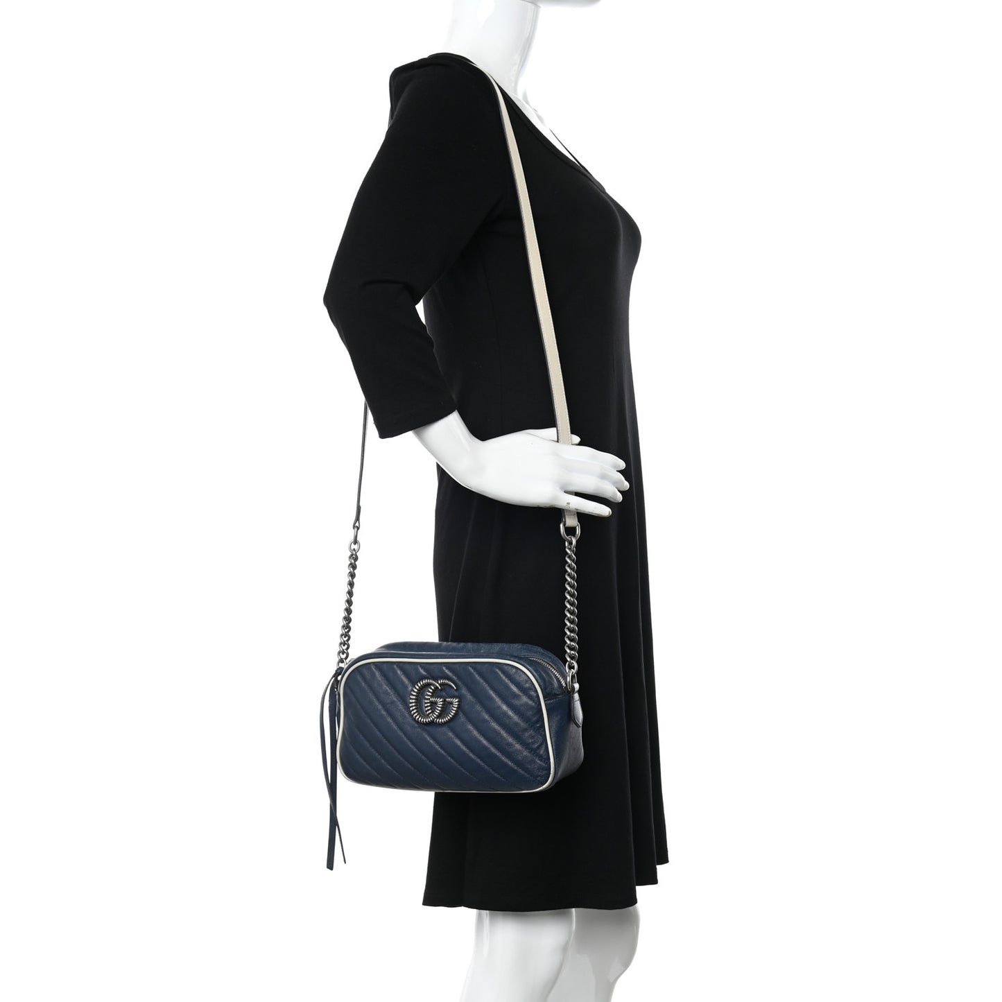Vintage Effect Calfskin Matelasse Diagonal Small Torchon GG Marmont Chain Shoulder Bag Blue Agata Mystic White