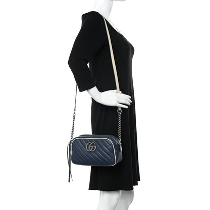 Gucci Vintage Effect Calfskin Matelasse Diagonal Small Torchon GG Marmont Chain Shoulder Bag Blue Agata Mystic White 2 of 17