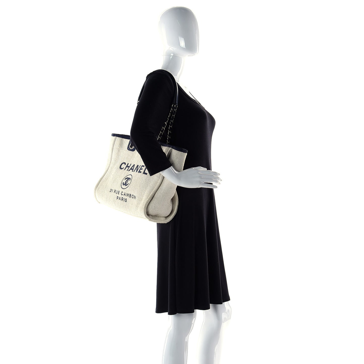 Woven Straw Raffia Small Deauville Tote White Navy