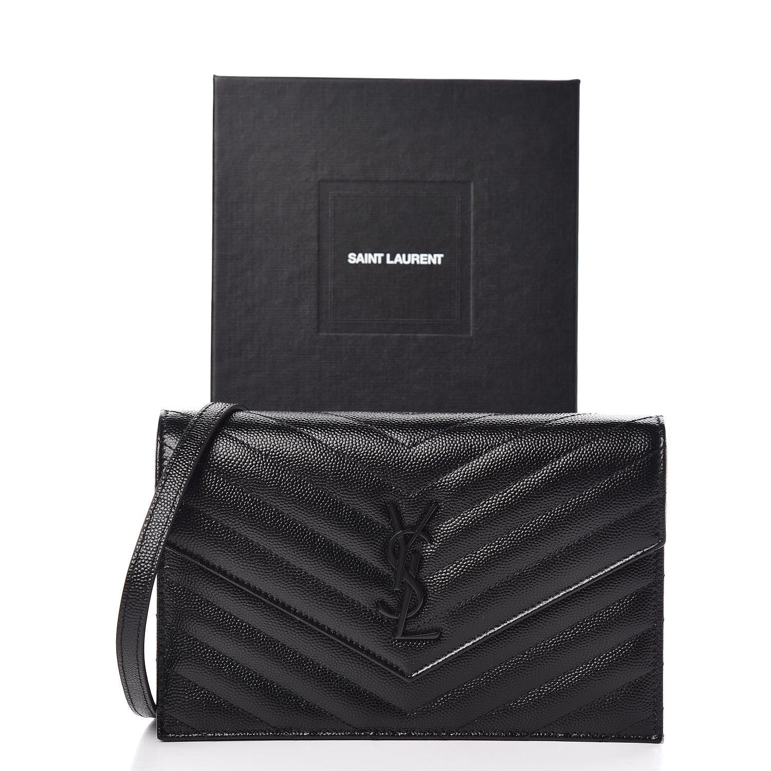 Saint Laurent Grain De Poudre Matelasse Chevron Monogram Envelope Chain Wallet Black 10 of 10