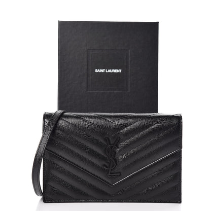 Saint Laurent Grain De Poudre Matelasse Chevron Monogram Envelope Chain Wallet Black 10 of 10