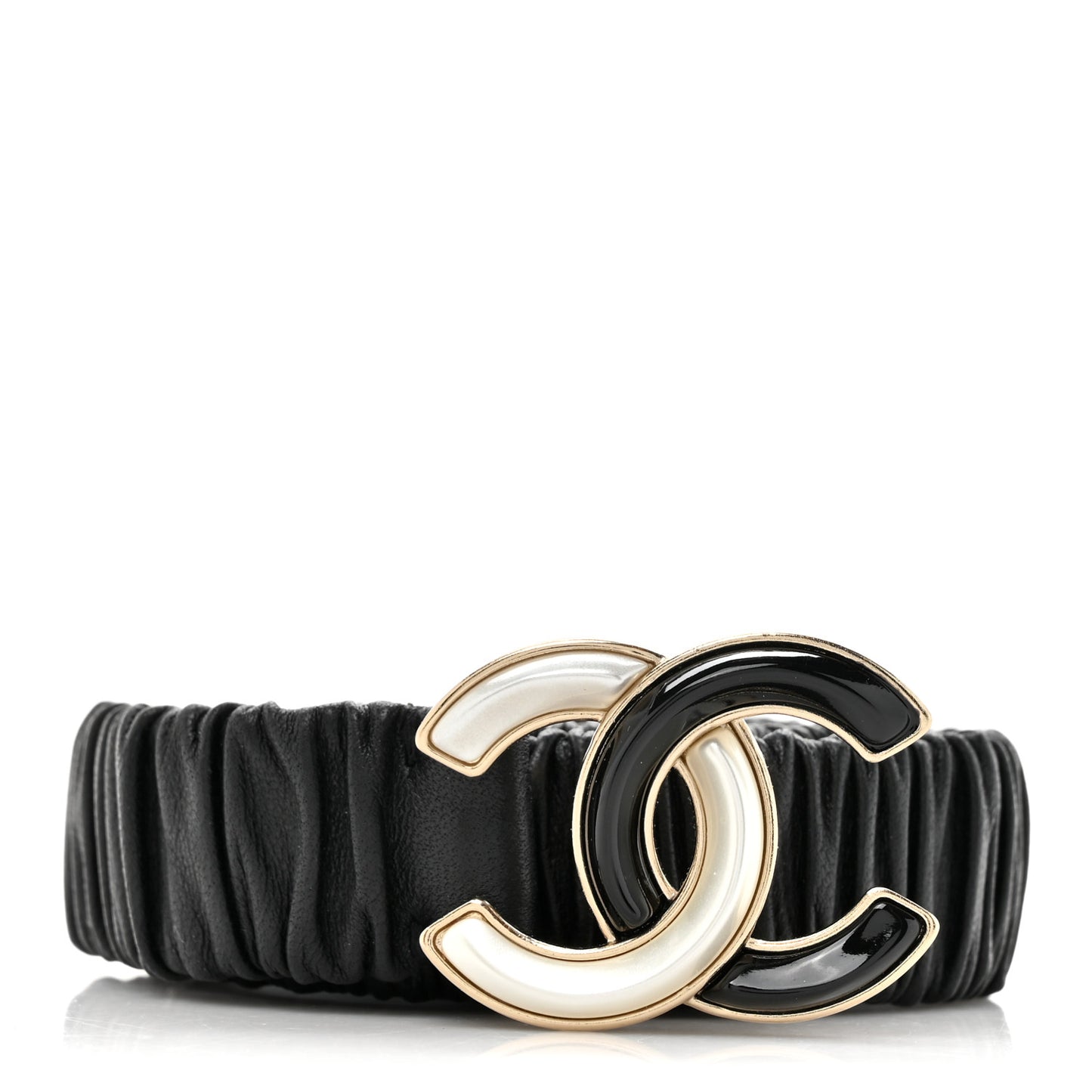 Lambskin Metal Ruched Chain CC Belt 75 30 Black White