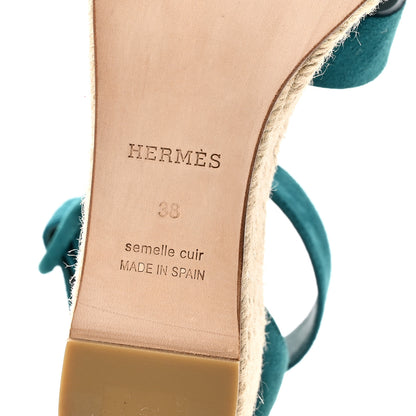 Hermes Suede Goatskin Elda Espadrille Wedge Sandals 38 Vert Oxford 8 of 10