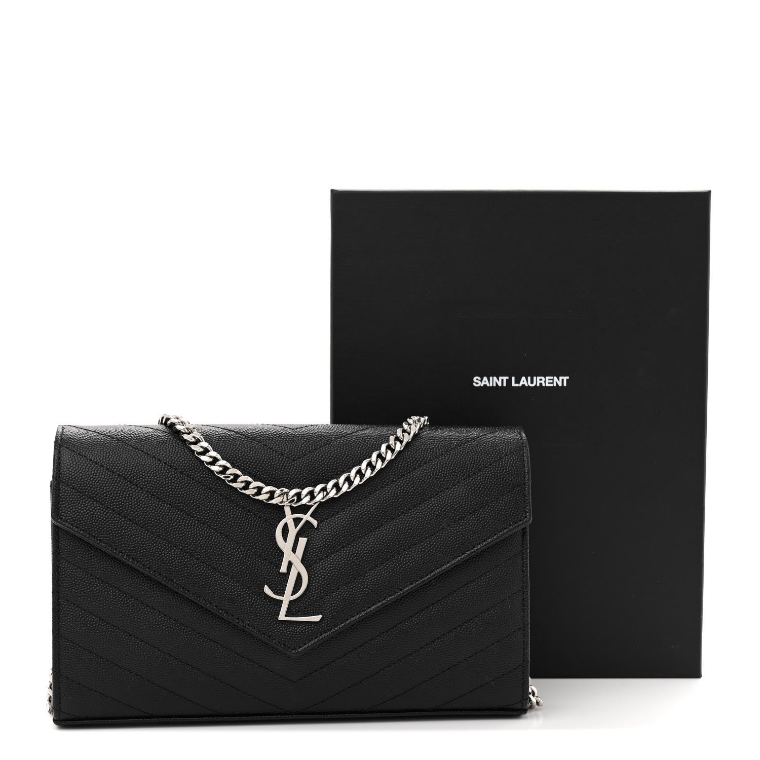 Saint Laurent Grain De Poudre Matelasse Chevron Monogram Chain Wallet Black 15 of 15