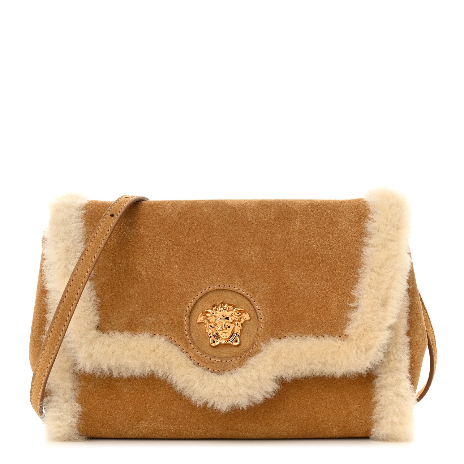 Versace Suede Shearling La Medusa Crossbody Bag Tan White 1 of 8