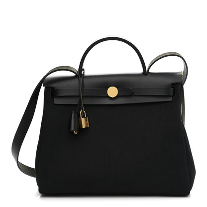 Hermes Military Toile Vache Hunter Herbag Zip Retourne 31 PM Bleu Marine Black 1 of 11