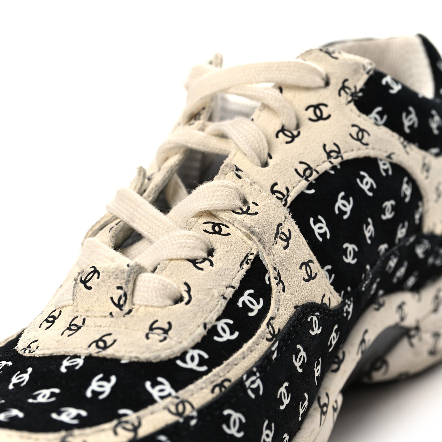 Nylon Suede Calfskin Printed CC Sneakers 37.5 White Black