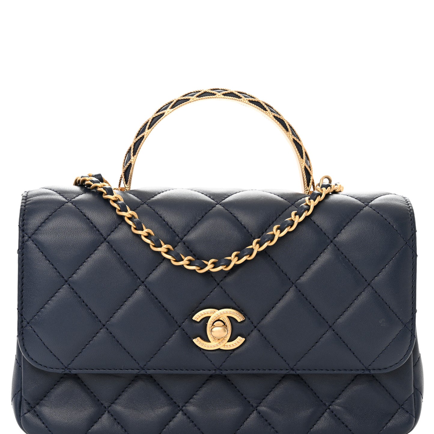 Lambskin Metal Quilted Twist Top Handle Flap With Chain Blue