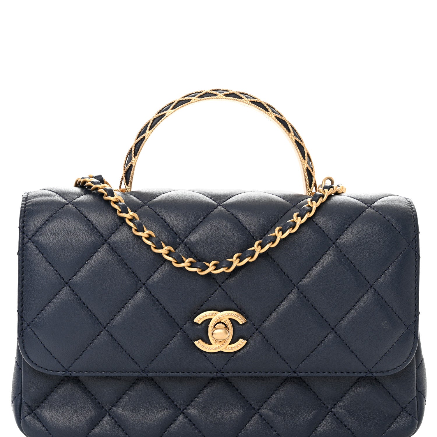 Chanel Lambskin Metal Quilted Twist Top Handle Flap With Chain Blue 8 of 10