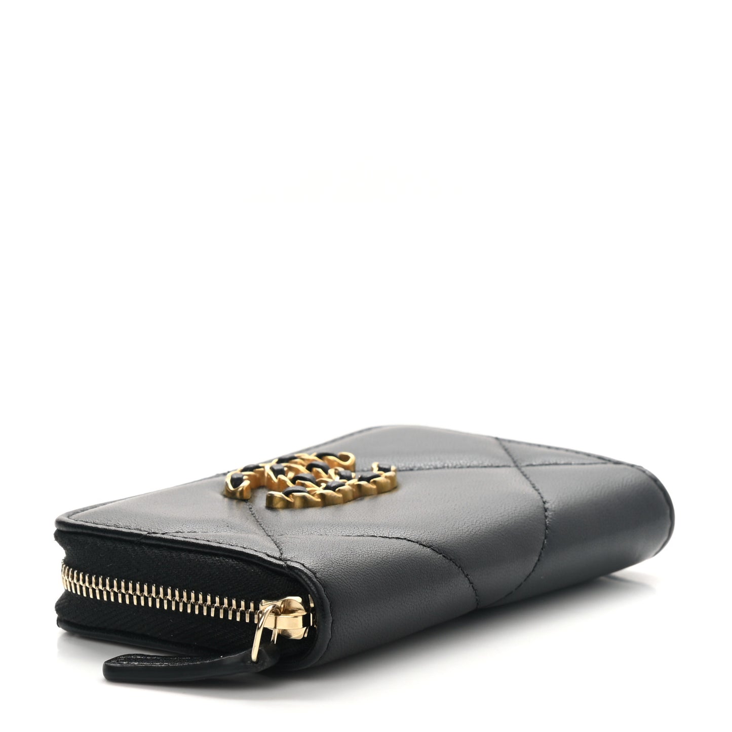 Lambskin Quilted Chanel 19 Zip Around Coin Purse Wallet Black