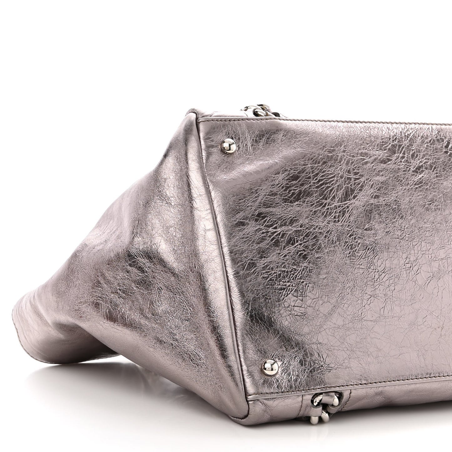Metallic Cracked Calfskin Modern Chain Tote Dark Silver