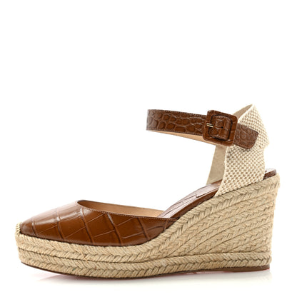 Christian Louboutin Calfskin Crocodile Embossed Amelia 90 Espadrille Wedges 39 Brown 1 of 7