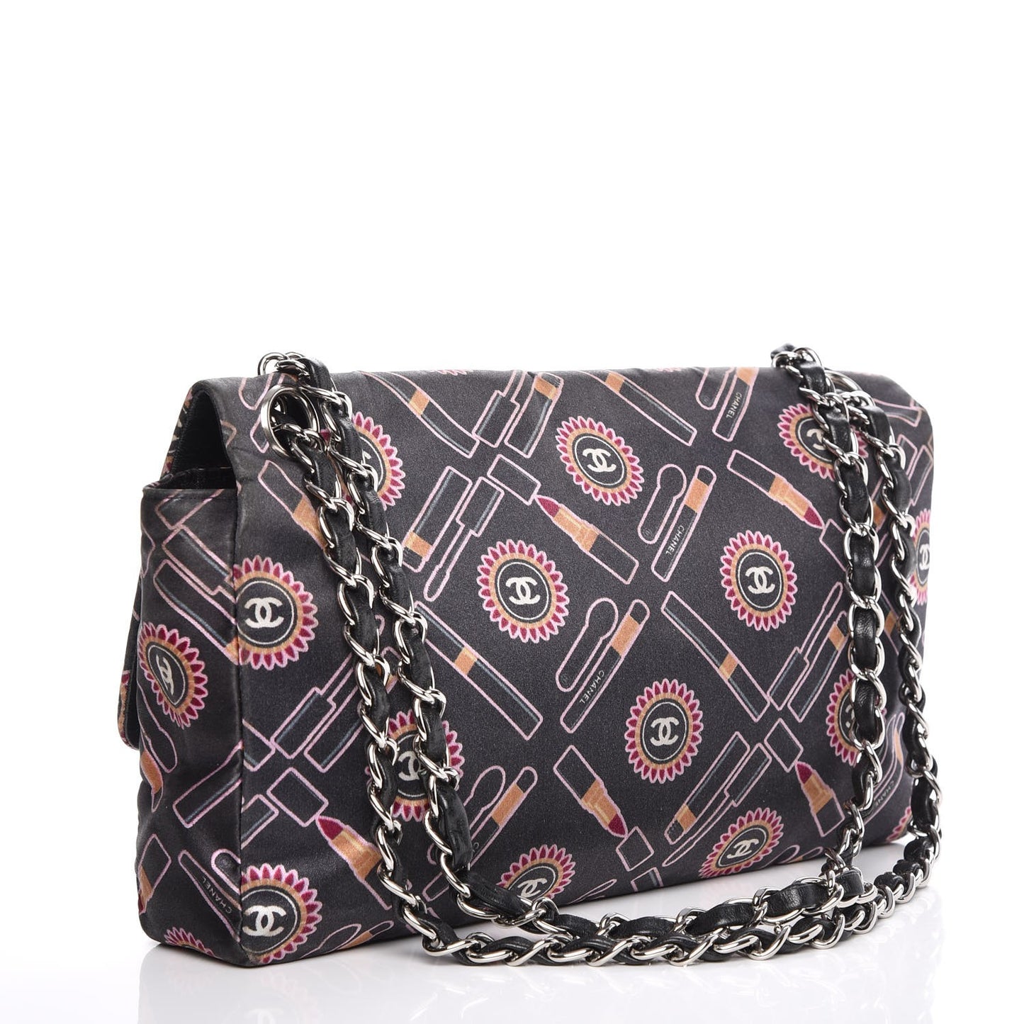 Satin Printed Lipstick Medium Single Flap Black