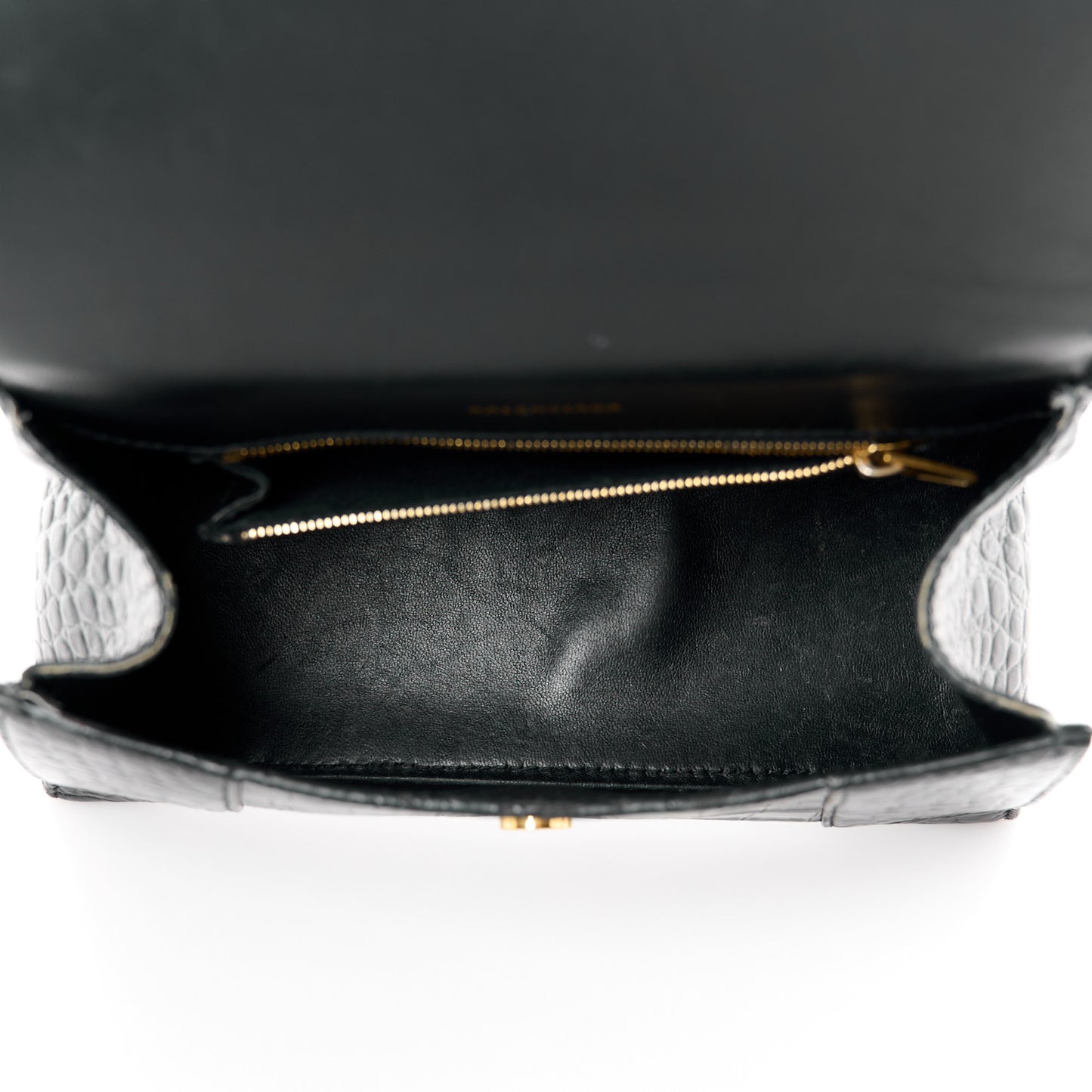 Shiny Calfskin Crocodile Embossed Small Hourglass Top Handle Bag Black