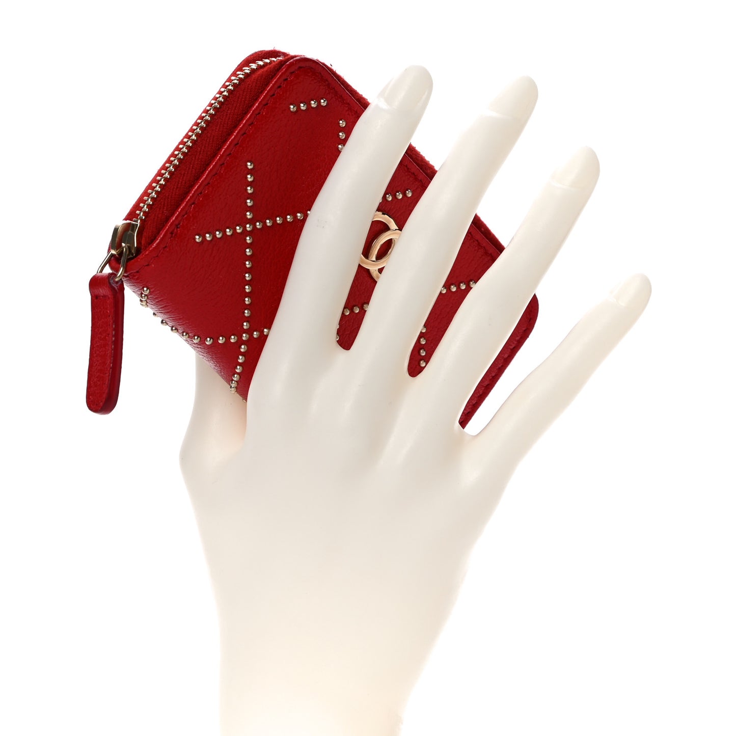 Shiny Lambskin Studded Rock The Diamond CC Zip Around Coin Purse Red