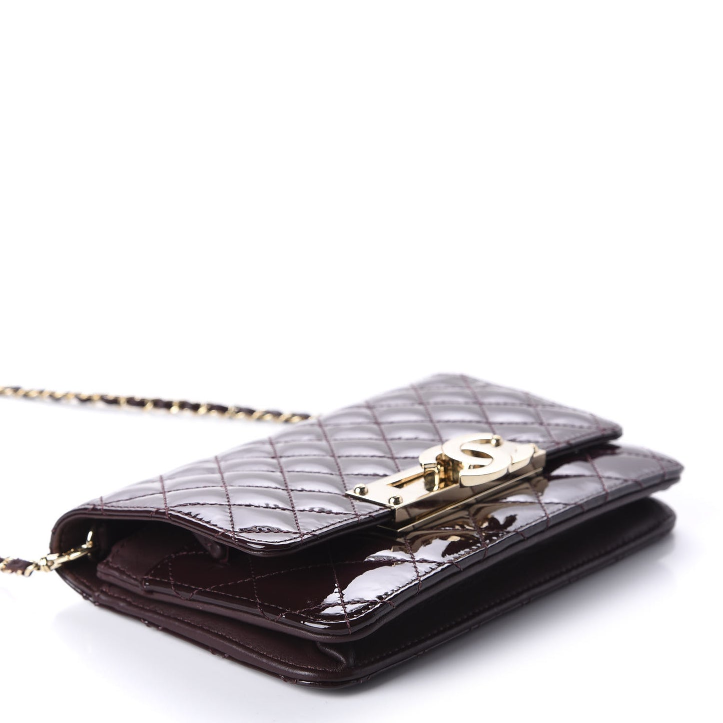Patent Quilted Golden Class Wallet on Chain WOC Burgundy
