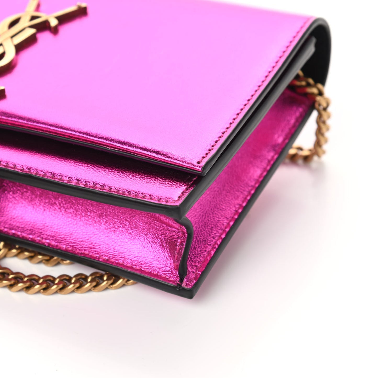 Metallic Calfskin Classic Monogram Kate Tassel Chain Wallet Fuchsia