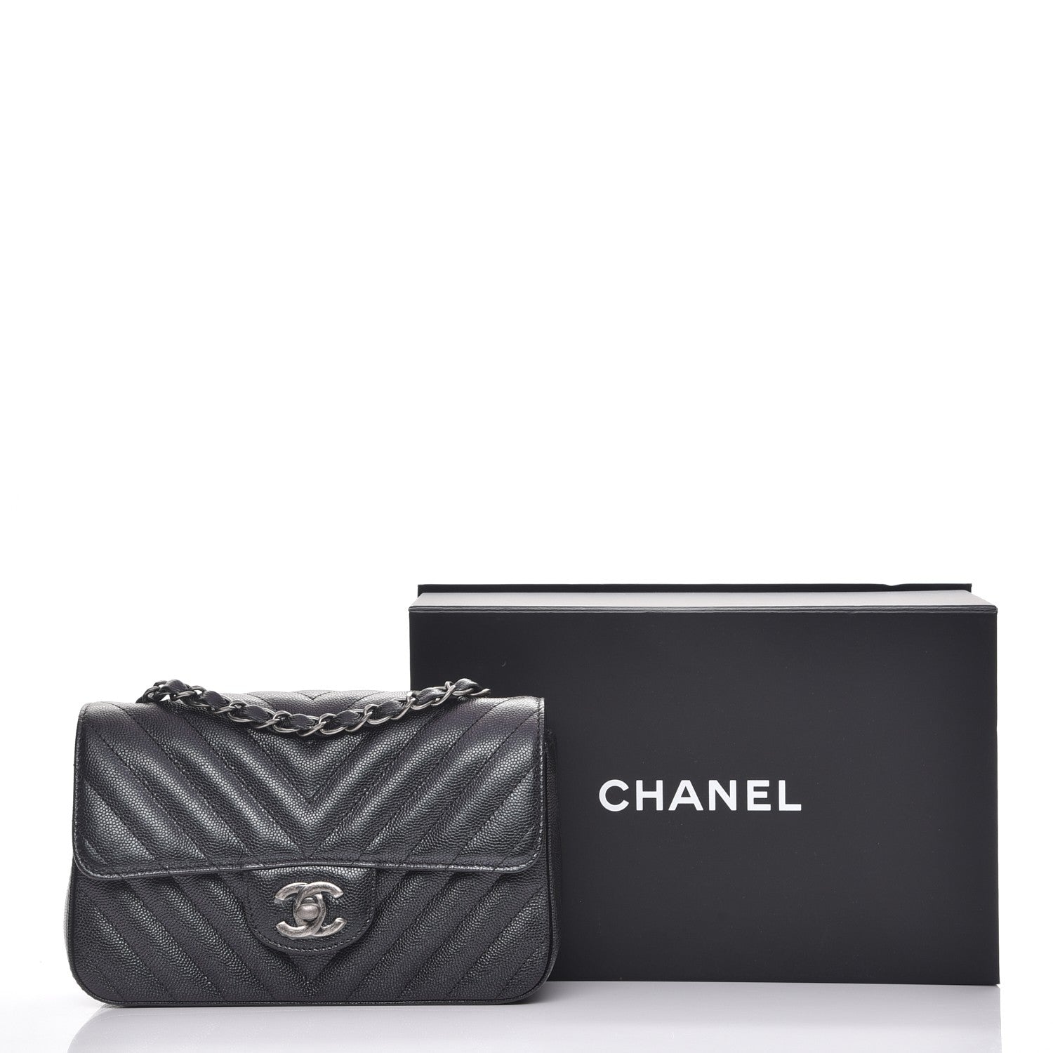 Chanel Metallic Caviar Chevron Quilted Mini Rectangular Flap Black 8 of 8