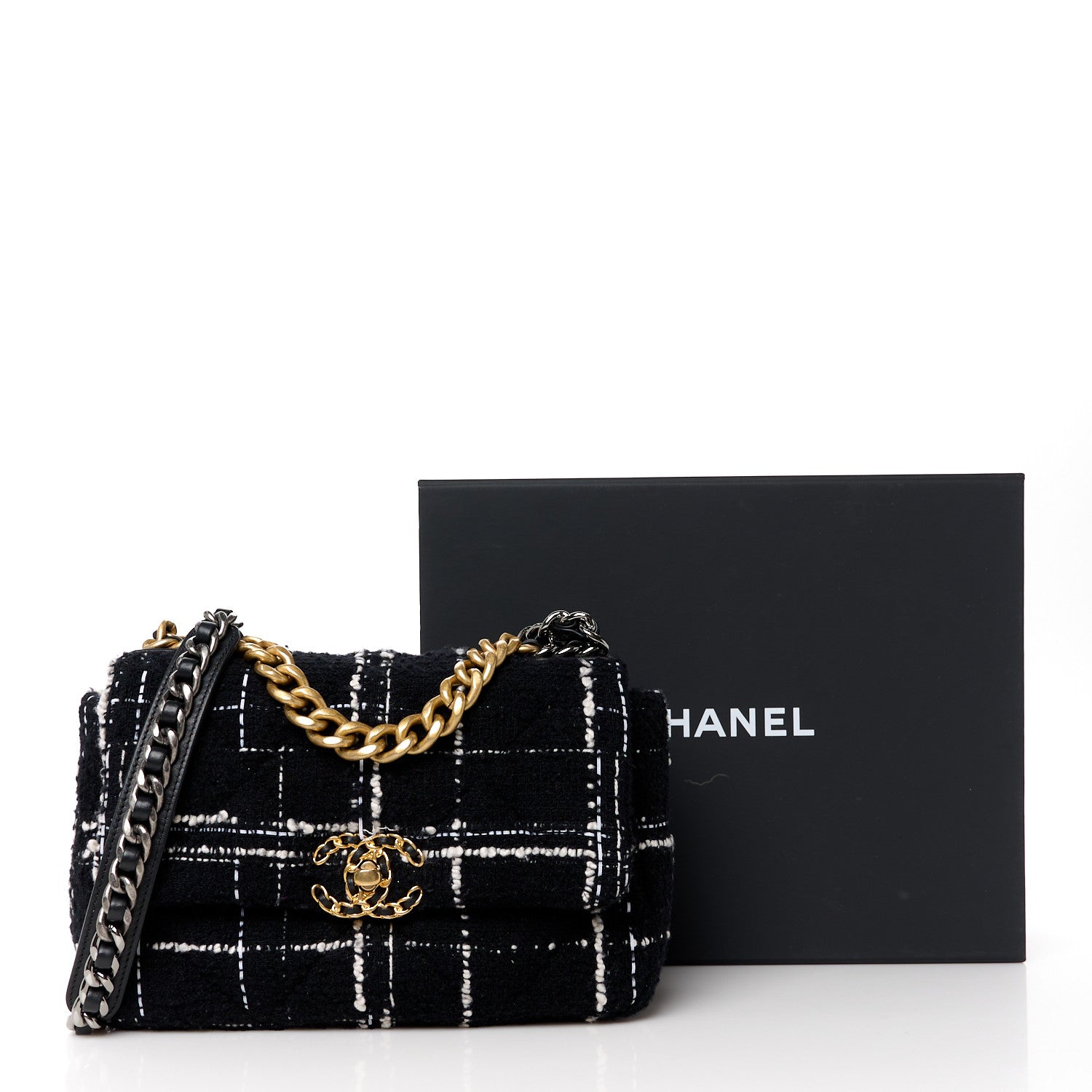 Chanel Tweed Quilted Medium Chanel 19 Flap Black White 11 of 11