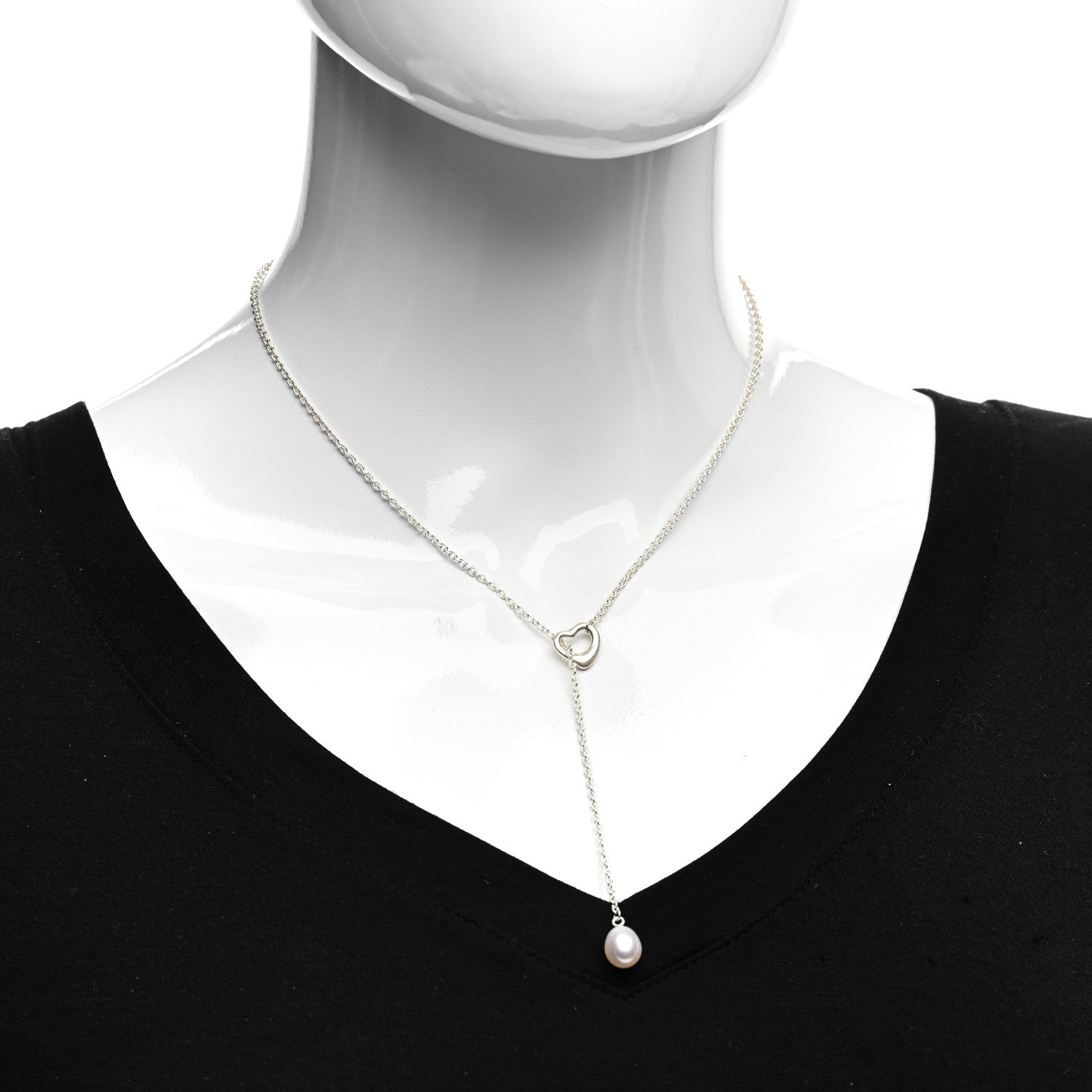 Tiffany Sterling Silver Pearl 7.5-8mm Elsa Peretti Open Heart Lariat Necklace 2 of 4