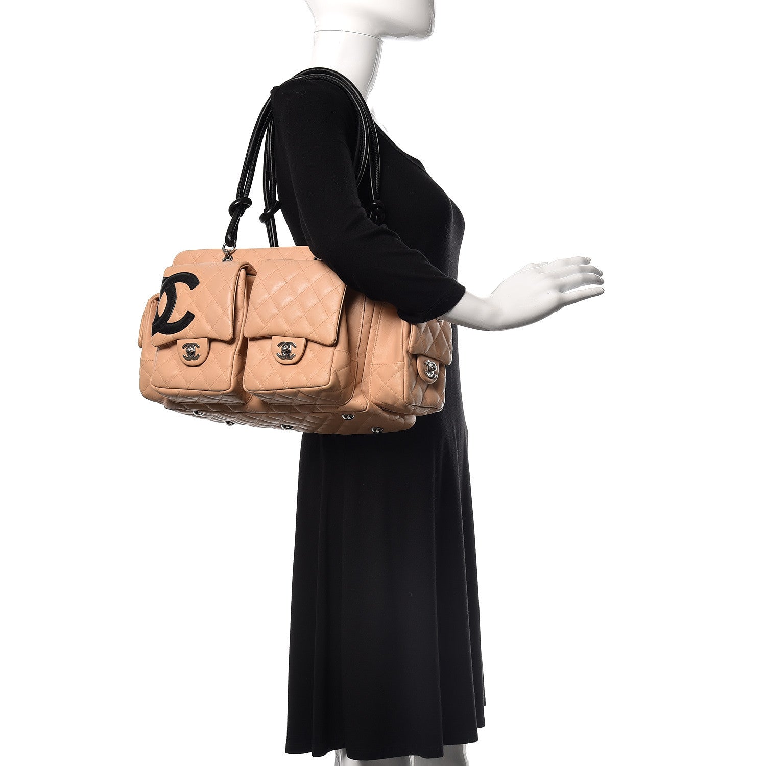 Chanel Calfskin Quilted Large Cambon Multipocket Reporter Beige Black 2 of 12