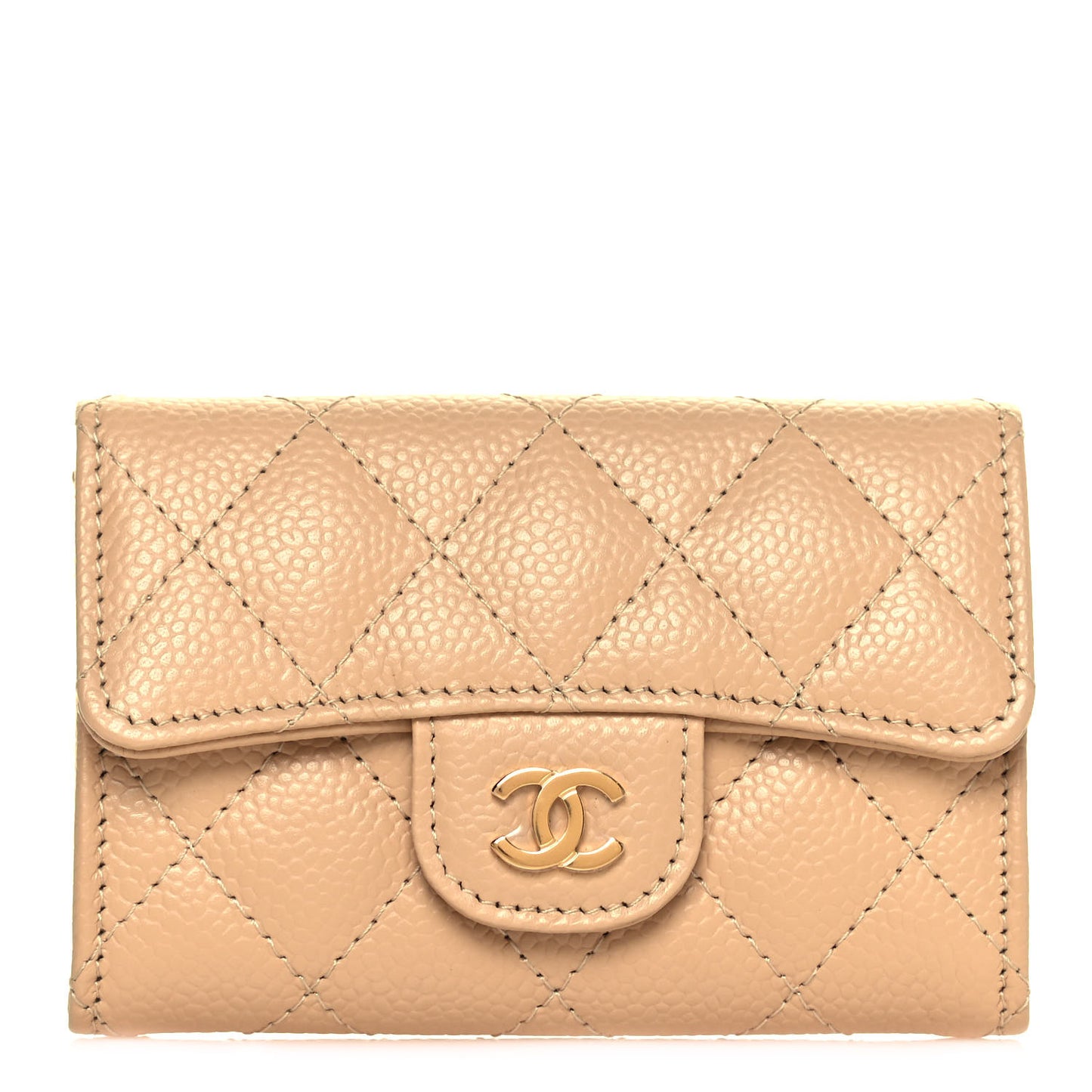 Caviar Quilted Flap Card Holder Wallet Beige