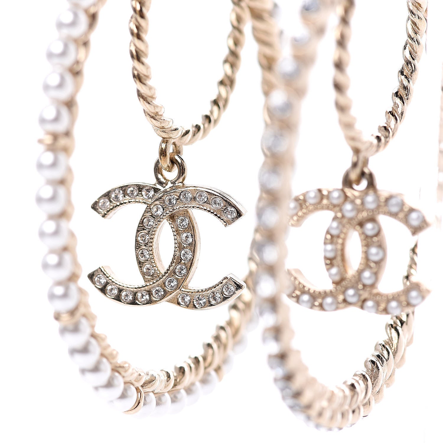 Chanel Crystal Pearl CC Drop Hoop Earrings Gold Pearly White 2 of 5