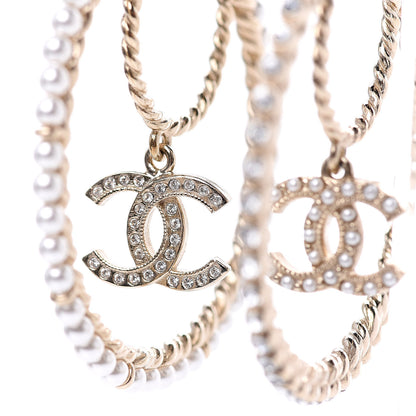 Chanel Crystal Pearl CC Drop Hoop Earrings Gold Pearly White 2 of 5