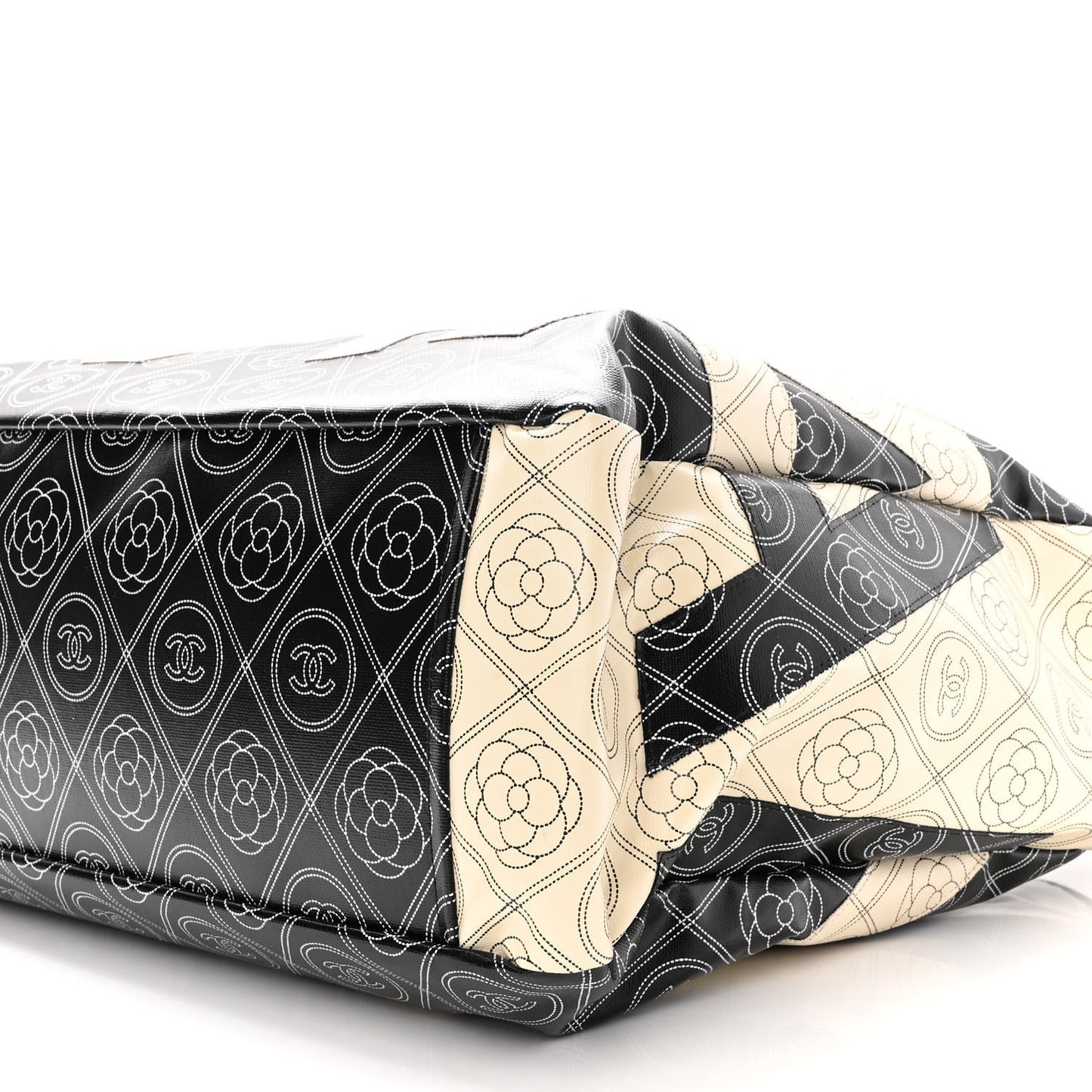Coated Canvas Camellia Large Shopping Tote Black Beige
